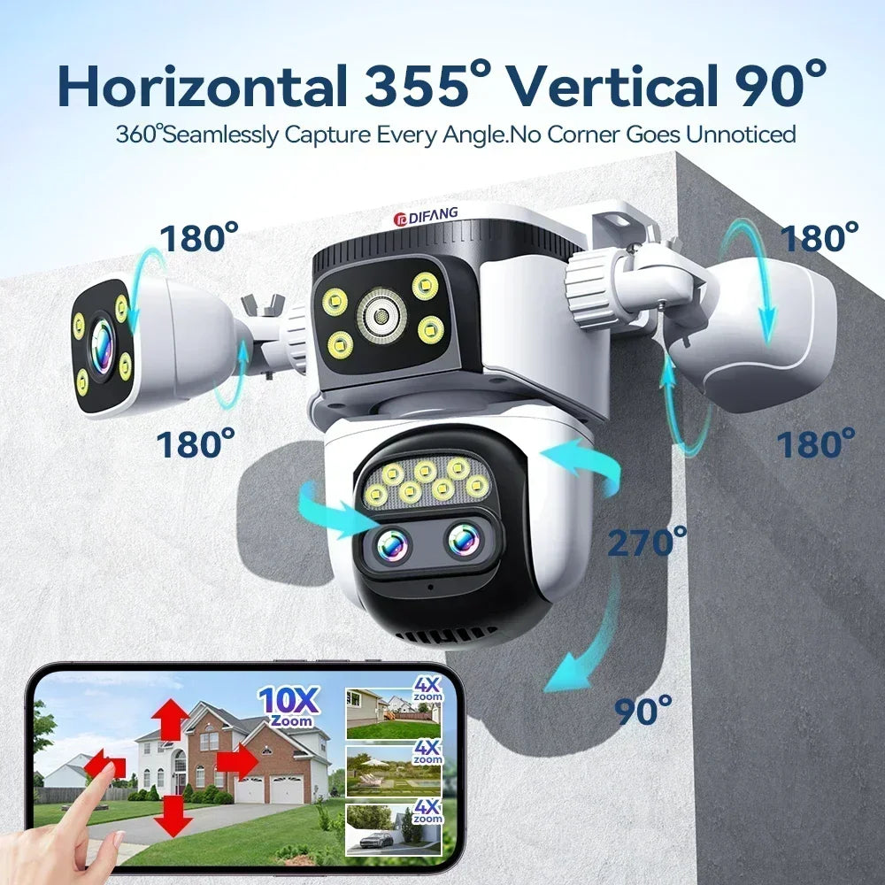 10K Home Security WiFi Camera Four Lens Four Screen 360° 10X Optical Zoom Wireless Surveillance IP Cam