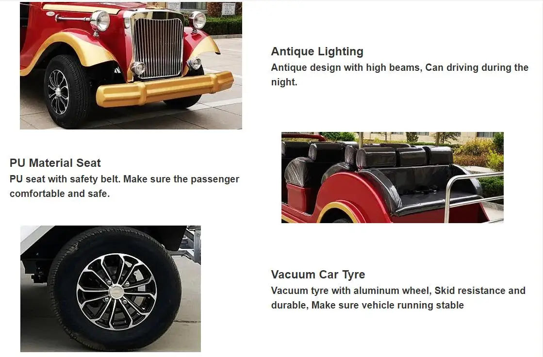 Luxury classic electric vintage car sightseeing shuttle bus, retro vintage car park, amusement park and scenic area shuttle bus