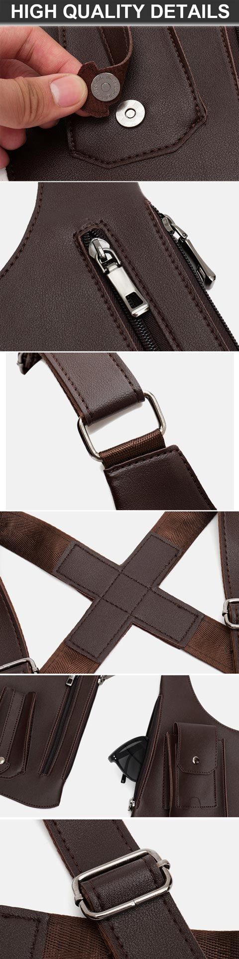 Outdoor Anti-theft Tactical Bag Men Retro Double Shoulder Strap Multi-pocket Crossbody Bags PU Waterproof Phone Bag Chest Bags