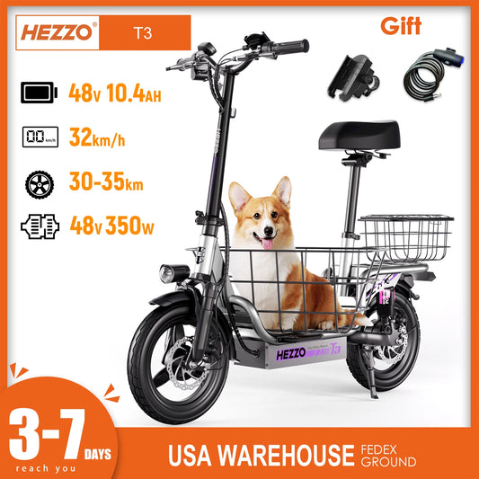 Multi-Shock Absorption   Adult Electric Bicycle 48V 500W Carbon Steel 14"Road tires With Basket
