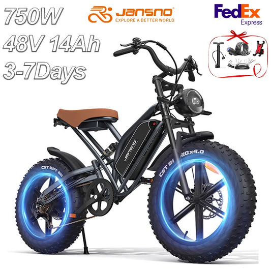 Adults Electric Bike JANSNO X50 750W 48V14AH Removable battery Fat Tire 20"*4 Off Road Mountain Ebike 25MPH Moped Style Ebike