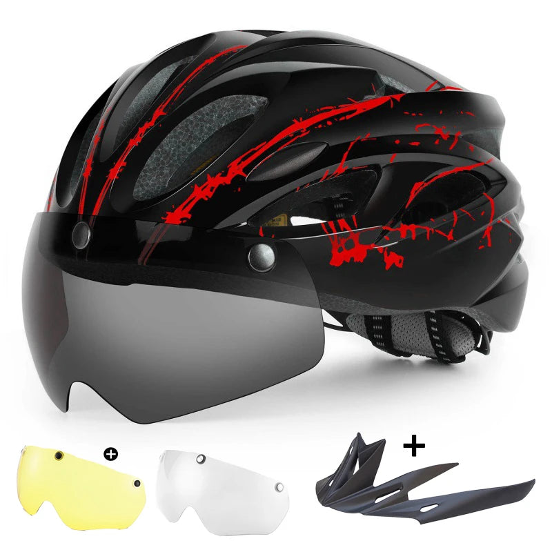 PJT Lightweight Breathable Goggles Bicycle Helmet 4 in 1 Bike Helmet With Sun Visor & Lens Free switching Adult Cycling Helmets