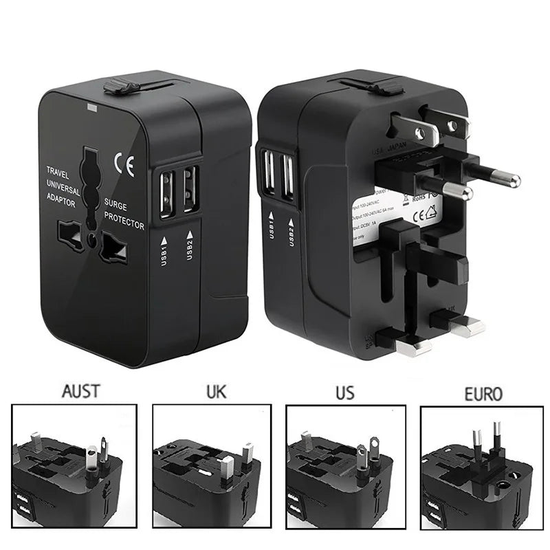 Portable Universal Travel Adapter with 2 USB Ports 2.1A Fast Charger EU/UK/USA/AUS Plug for Travel