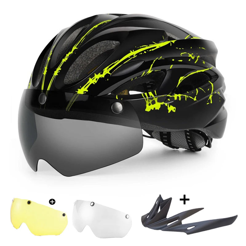PJT Lightweight Breathable Goggles Bicycle Helmet 4 in 1 Bike Helmet With Sun Visor & Lens Free switching Adult Cycling Helmets
