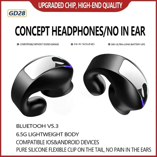 Headphones Bluetooth V5.3 Ear Clip Lightweight Business Sports Game Headset with Mic Noise Reduction