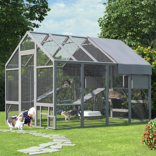 Catio Outdoor Cat Enclosure, Large Cat Catio for Multiple Cats with 7 Platforms, 2 Resting Box and 2 Bridges, Wooden Cat House C