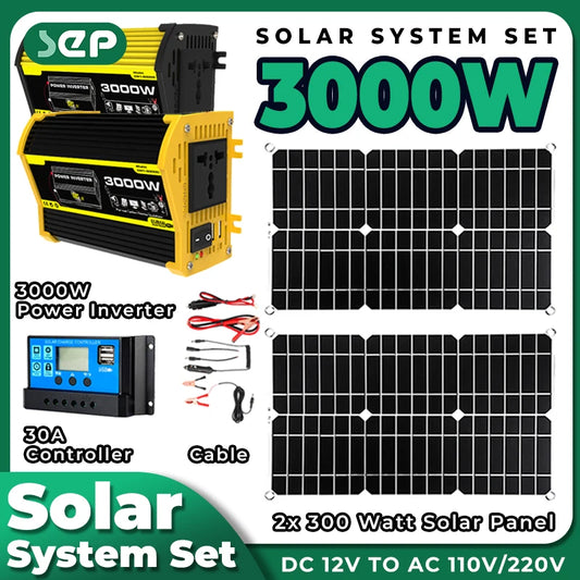 3000W Power Inverter 12v solar plate to charge battery 30A Solar Controller Power bank RV Car