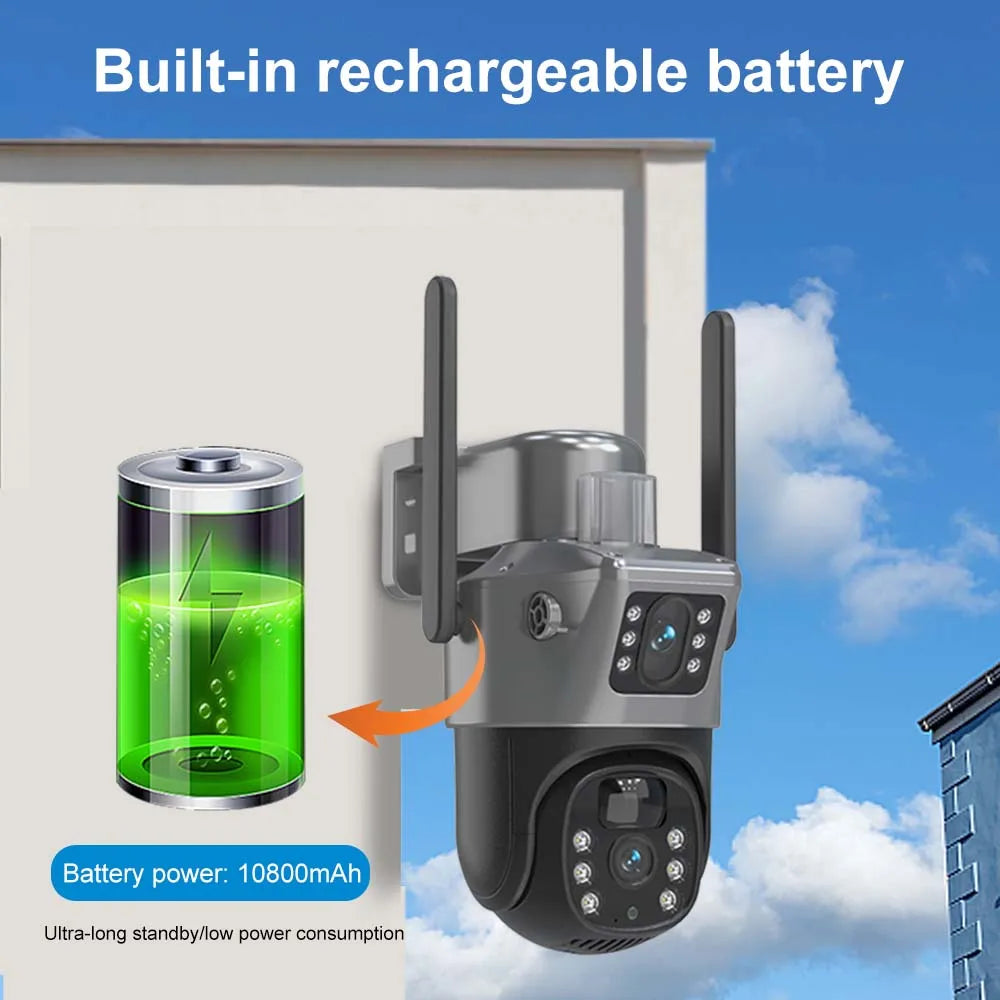 Wireless CCTV Surveillance Camera With Solar Panel Dual Lens PTZ IP Cam Security Protection