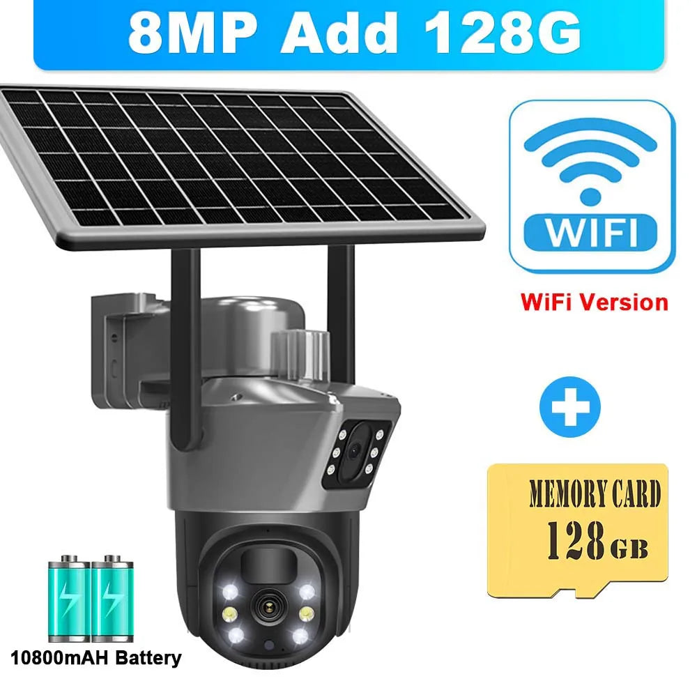 Wireless CCTV Surveillance Camera With Solar Panel Dual Lens PTZ IP Cam Security Protection