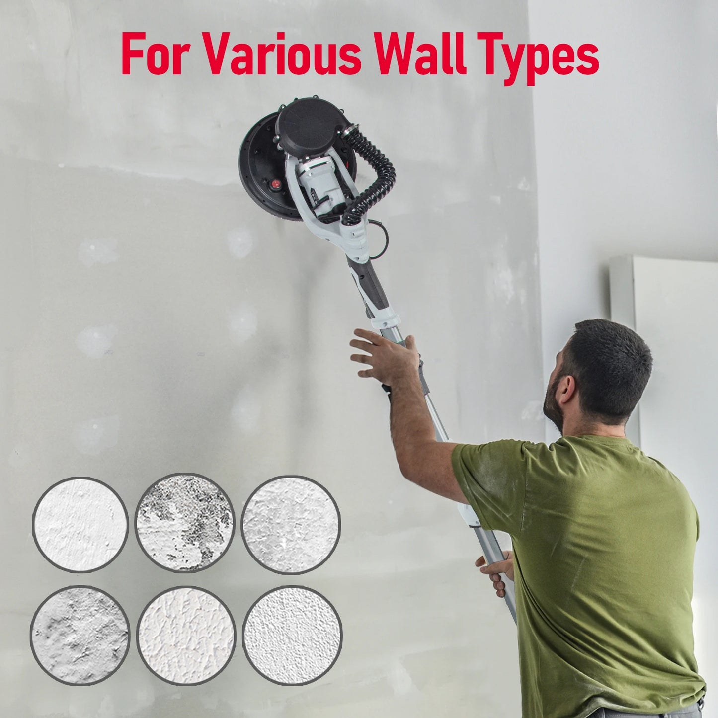 800W Electric Drywall Sander with Vacuum Dust, 6.5A Popcorn Ceiling Removal Tool Variable Speed 800-1800RPM With LED Light