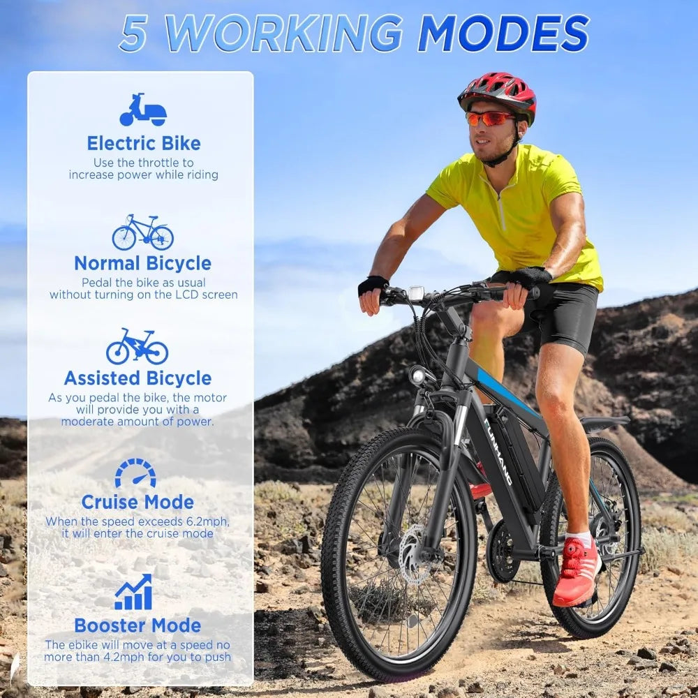 Electric Bike for Adults, 26'' 1000W Peak Up to 50 Miles 21.7MPH with 48V 374.4WH Removable Battery