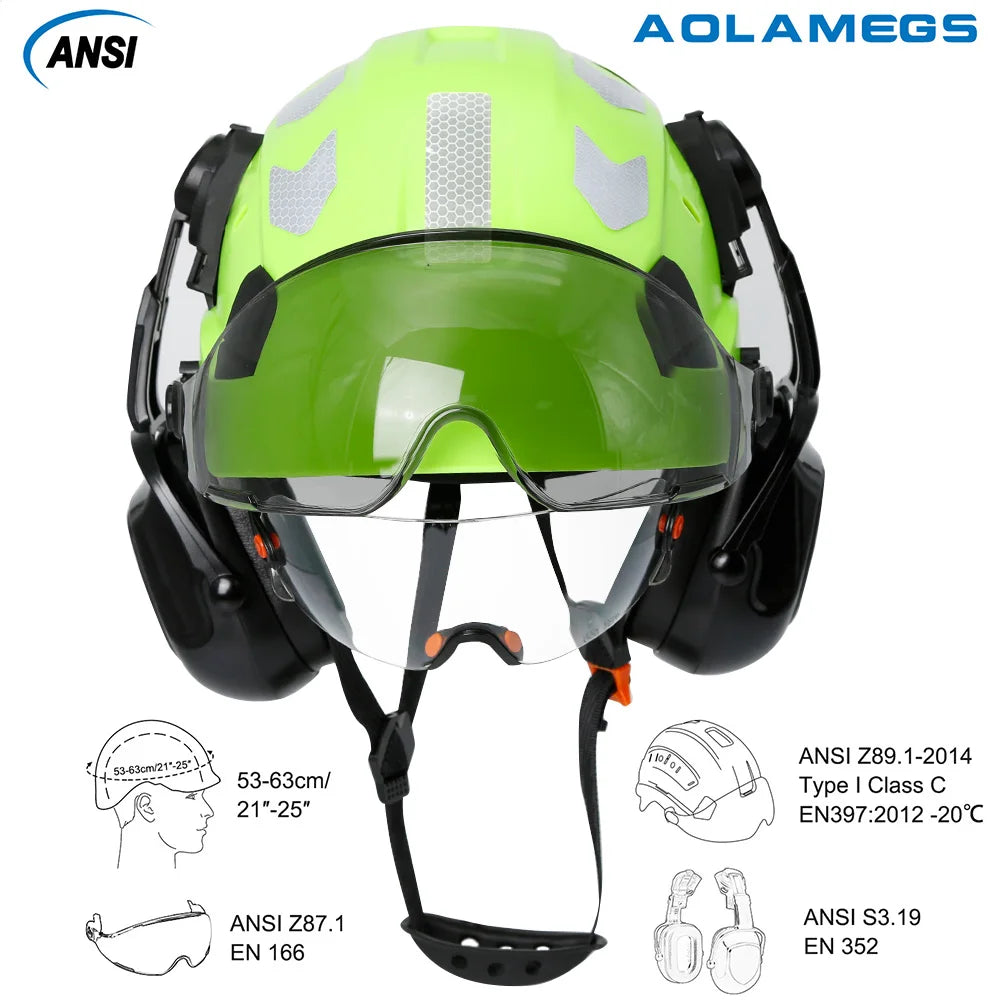 Safety Helmet With Visors Built In Goggles Earmuff Noise Reduction Stickers For Engineer ABS Hard Hat ANSI Industrial Work Cap