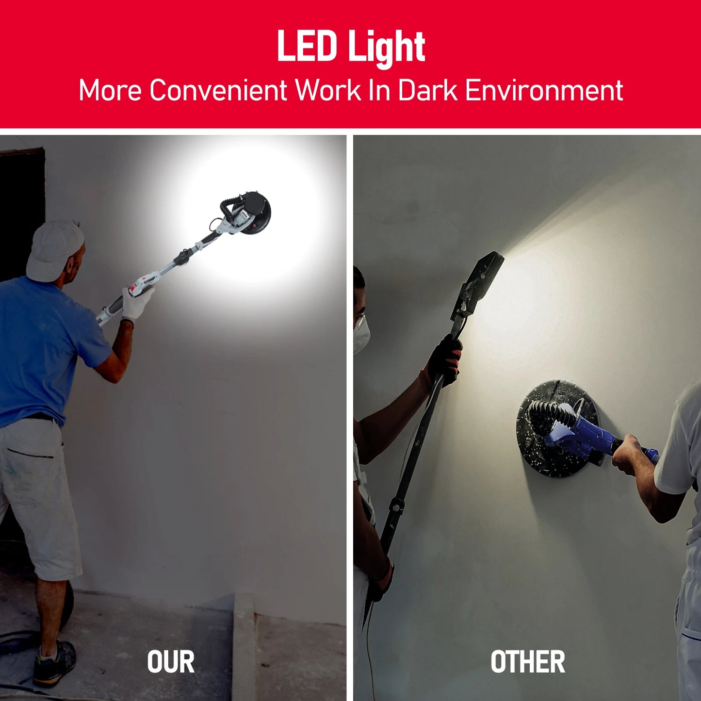 800W Electric Drywall Sander with Vacuum Dust, 6.5A Popcorn Ceiling Removal Tool Variable Speed 800-1800RPM With LED Light