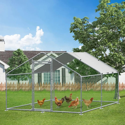 Large Metal Chicken Coop Run, Walk-in Enclosure Poultry Hen Run House, Spire Shaped Chicken Pen with Waterproof & Anti-UV Cover