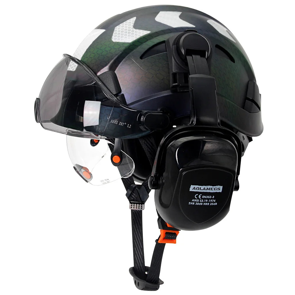 Safety Helmet With Visors Built In Goggles Earmuff Noise Reduction Stickers For Engineer ABS Hard Hat ANSI Industrial Work Cap