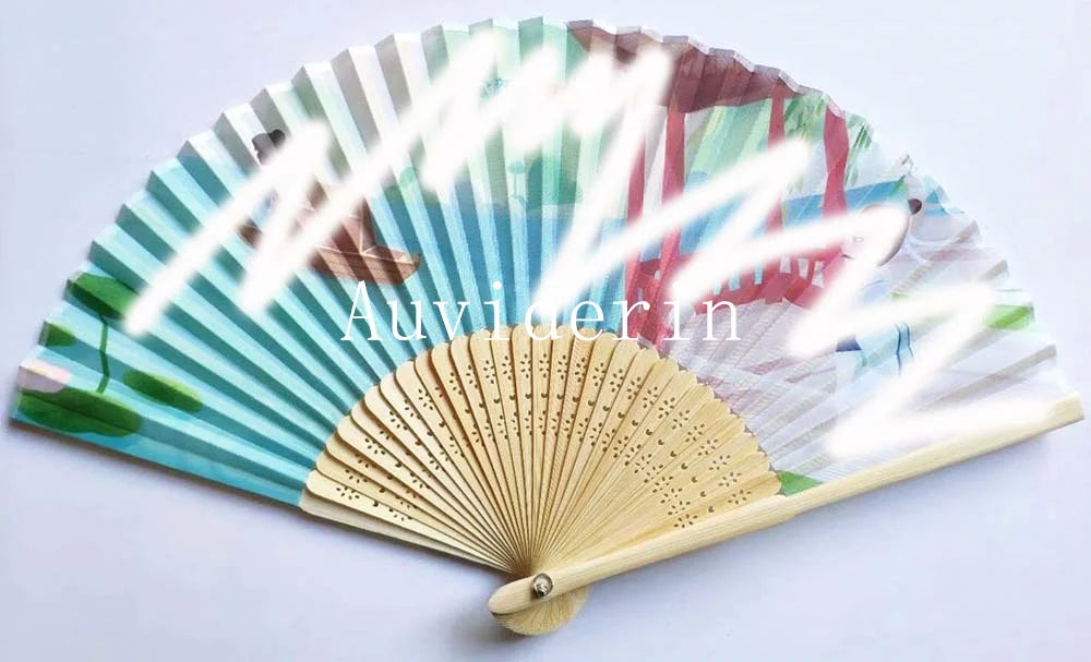 100Pcs Personalized Bamboo Folding Fans Print on Fabric for Promotion Art Activity Custom Fan for Wedding Anniverisity Party